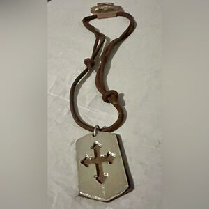 Brown Leather Necklace with Silver Cross Pendant
